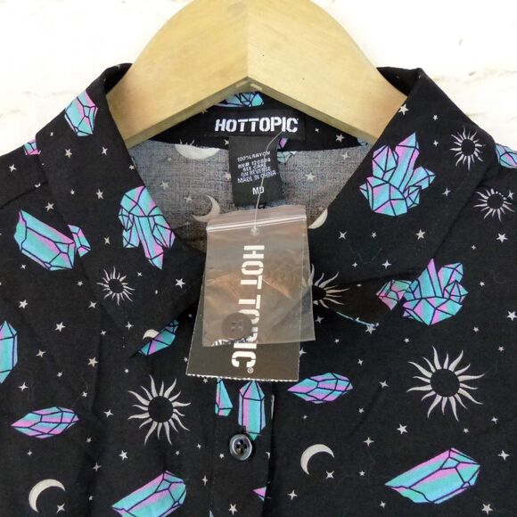 Hot Topic Shirt Womens M Black Pastel Crystals Celestial Crop Button Up Goth - Picture 13 of 13